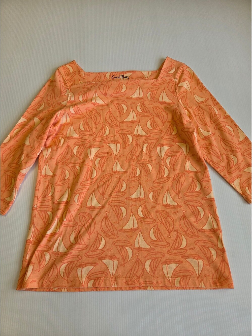 Coral Bay Women's Medium Orange Sailboat Print 3/4 Sleeve Cotton Blend Shirt